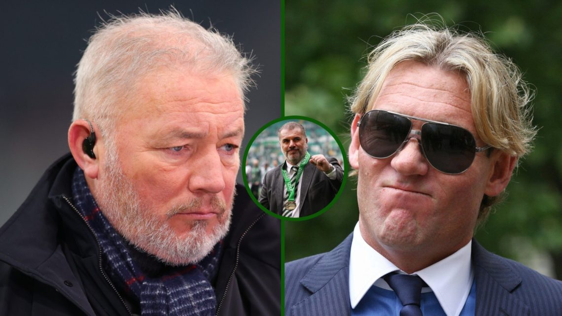 Three way image of talkSPORT duo Ally McCoist and Simon Jordan with an overlay of Ange Postecoglou celebrating a Scottish Premiership title win at ...