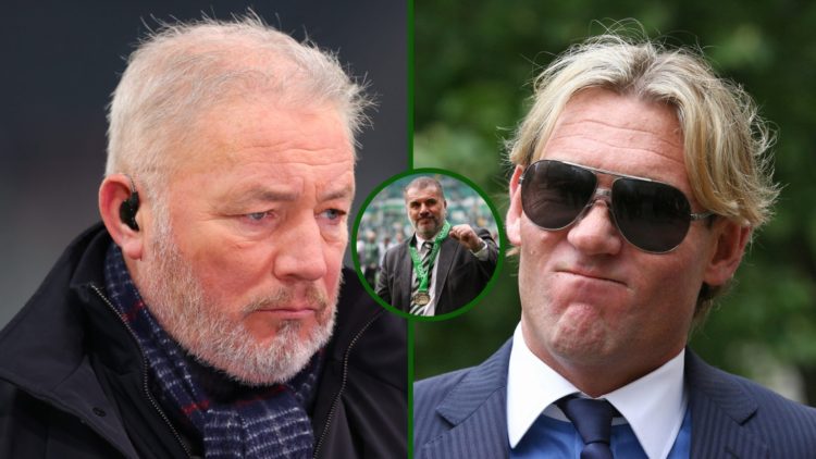 Three way image of talkSPORT duo Ally McCoist and Simon Jordan with an overlay of Ange Postecoglou celebrating a Scottish Premiership title win at ...