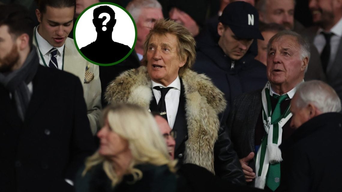 Sir Rod Stewart attending the UEFA Champions League tie between Celtic and Young Boys at Celtic Park with an overlay of a mystery Celtic player.