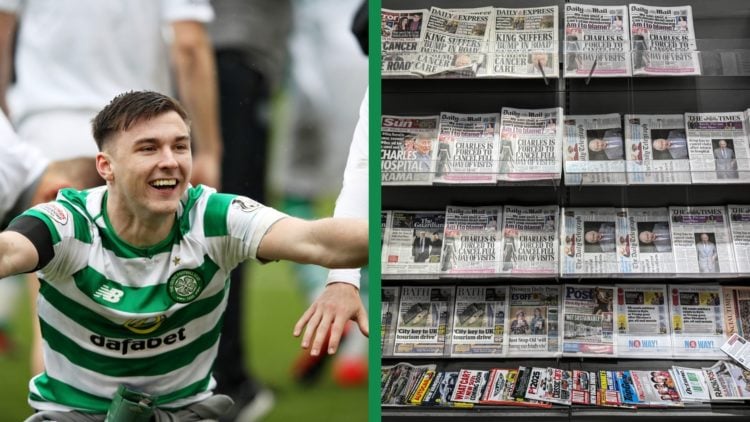 A split image of Kieran Tierney celebrating Celtic's Premiership title, and a collection of the UK's newspapers.