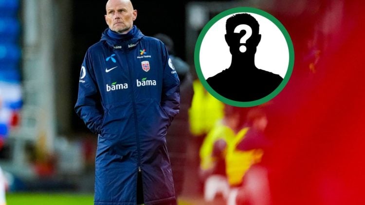Norway manager Stale Solbakken looking on against Slovenia, including an inset of a mystery player.