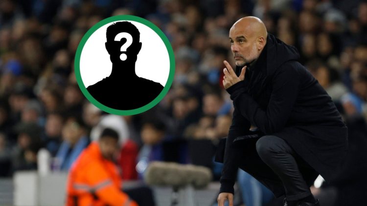 Pep Guardiola watching on during Manchester City's Champions League clash against RB Leipzig, including an inset of a mystery player.