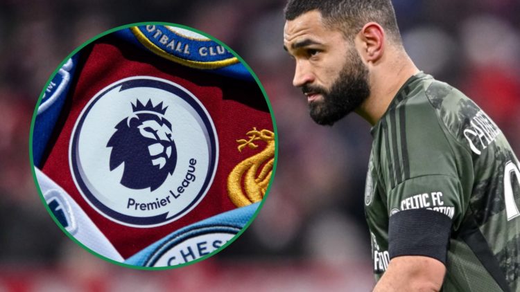 Celtic's Cameron Carter-Vickers playing in the Champions League right and Premier League badge surrounded by club crests left inset