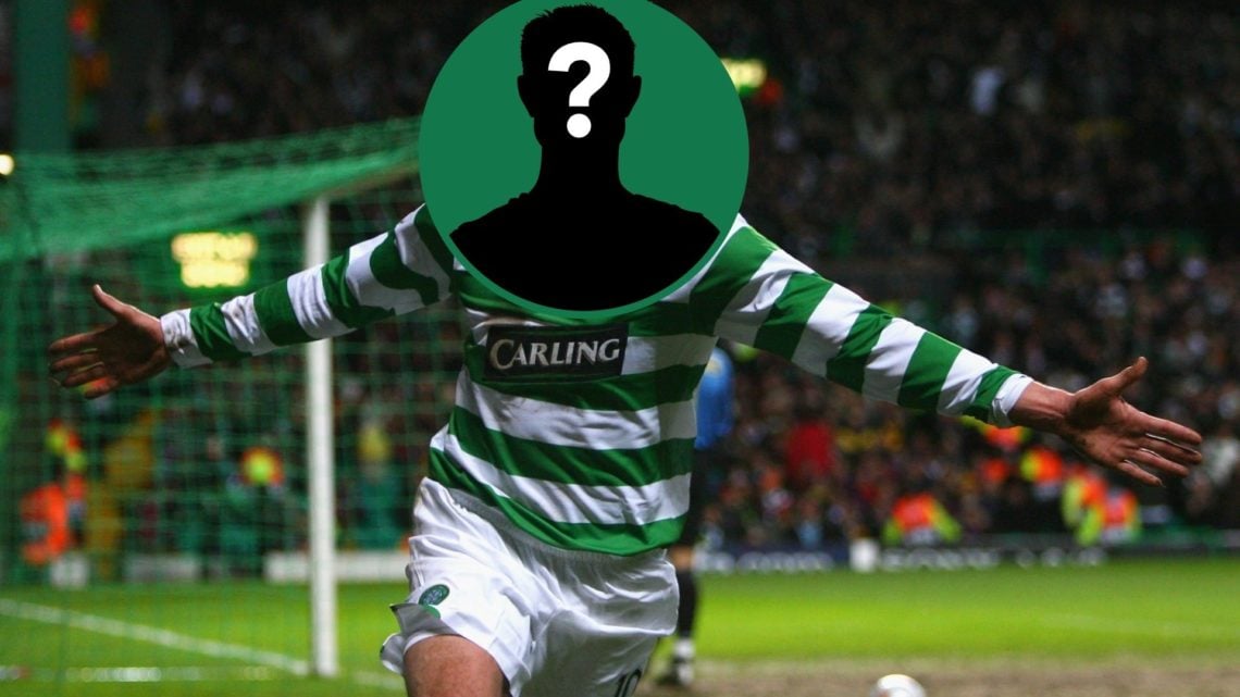 Jan Vennegoor of Hesselink celebrates scoring for Celtic against Barcelona in the Champions League, inset of a mystery man