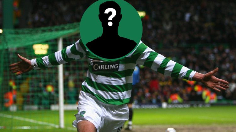 Jan Vennegoor of Hesselink celebrates scoring for Celtic against Barcelona in the Champions League, inset of a mystery man