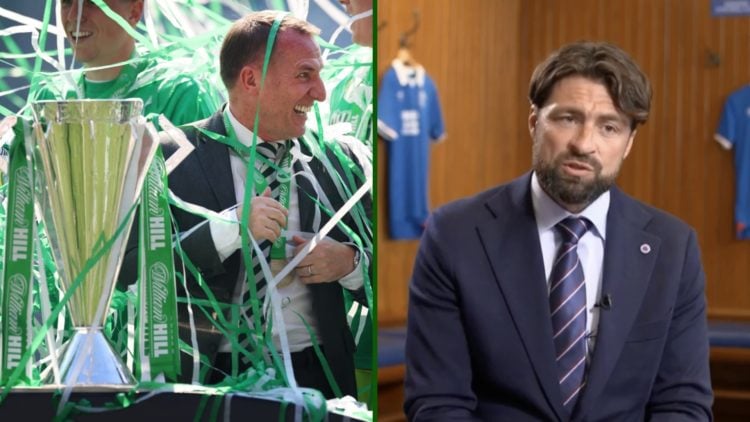 Split image of Brendan Rodgers lifting the Scottish Premiership trophy at Celtic Park and Rangers boss Russell Martin being interviewed by Sky Sports.