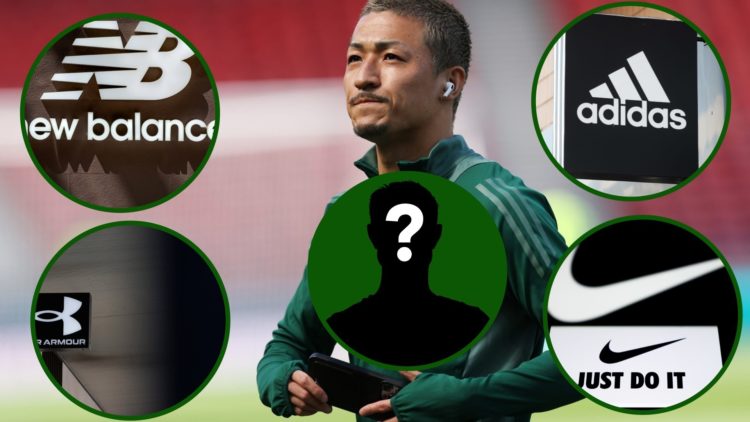Image of Celtic's Daizen Maeda with overlays of four sportswear brands of Nike, New Balance, Adidas and Under Armour.