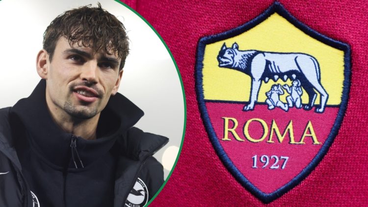 Brighton's Matt O'Riley before a Premier League at AMEX Stadium left and AS Roma badge shown on trousers right