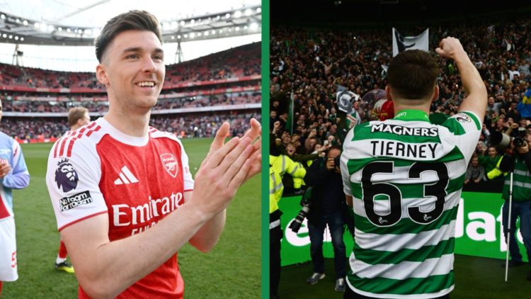 A split image of Kieran Tierney applauding the Arsenal fans and celebrating Celtic's Premiership title win.