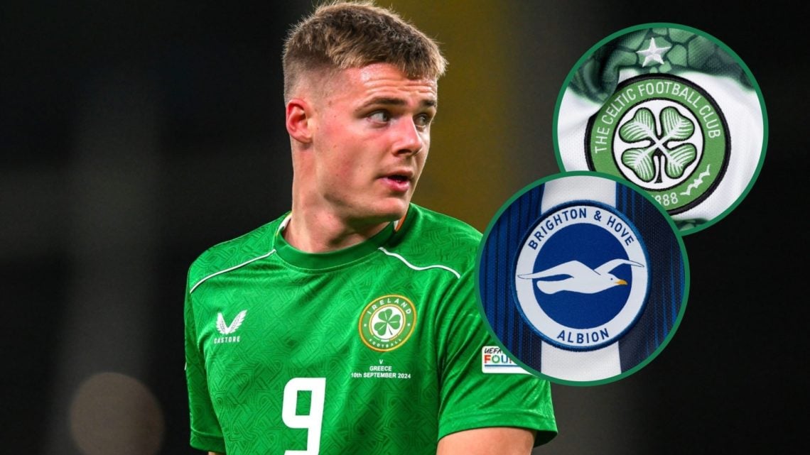 Evan Ferguson in action for Ireland during a Nations League clash, a detailed view of the Brighton badge, a detailed view of the Celtic badge