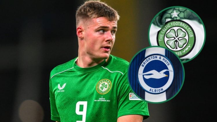 Evan Ferguson in action for Ireland during a Nations League clash, a detailed view of the Brighton badge, a detailed view of the Celtic badge