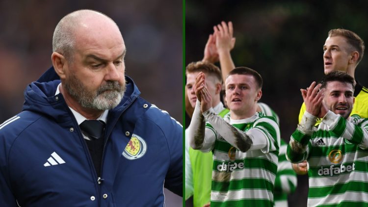 Split image of Scotland boss Steve Clarke vs Iceland and Liverpool winger Ben Doak whilst at Celtic.