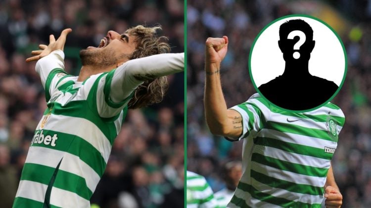 Jota celebrating a Celtic goal vs Hearts at Celtic Park left and Charlie Mulgrew celebrating a Celtic goal in a Champions League qualifier with a m...