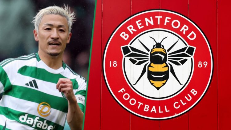 Daizen Maeda scoring for Celtic against Hearts left and Brentford badge painted on wall right