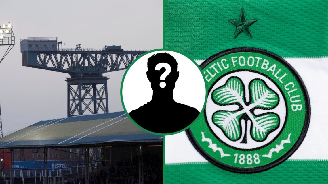 Greenock Morton's Cappielow stadium with crane in background left, Celtic badge shown on home jersey right, and mystery figure overlay centre