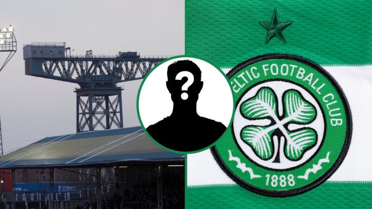 Greenock Morton's Cappielow stadium with crane in background left, Celtic badge shown on home jersey right, and mystery figure overlay centre