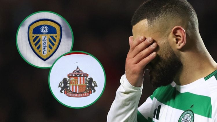 Cameron Carter-Vickers looks dejected during Rangers vs Celtic at Ibrox right with Leeds United and Sunderland badges inset left