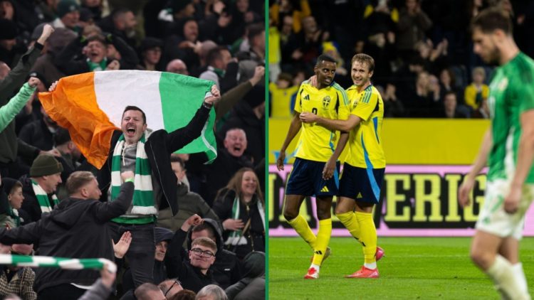 Alexander Isak and Benjamin Nygren celebrate a Sweden goal right and Celtic fans celebrating a goal against Aston Villa left