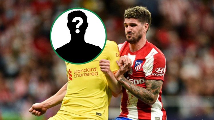 Liverpool's Andy Robertson with mystery overlay covering face left with Atletico Madrid's Rodrigo De Paul right