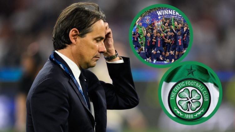 Simone Inzaghi looks on after Inter's 5-0 defeat to Paris Saint-Germain in the Champions League final, including an inset of the Celtic badge and t...