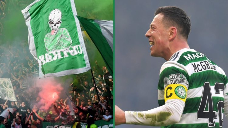 Celtic fans with flags and smoke bomb at Hampden Park left and Celtic's Callum McGregor celebrating right