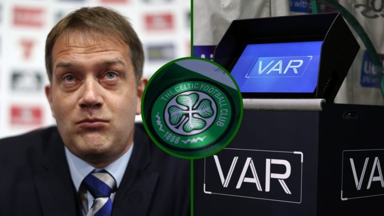 Split image of SFA Chief Executive Ian Maxwell and a VAR monitor with a Celtic Football Club crest overlay.