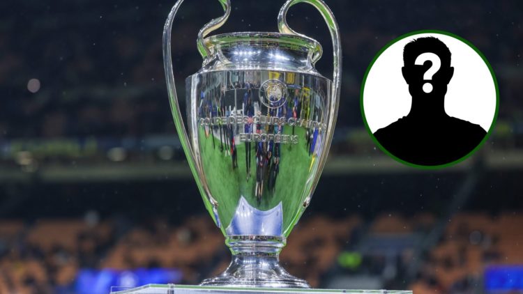 The UEFA Champions League trophy with an overlay of a mystery Celtic player.