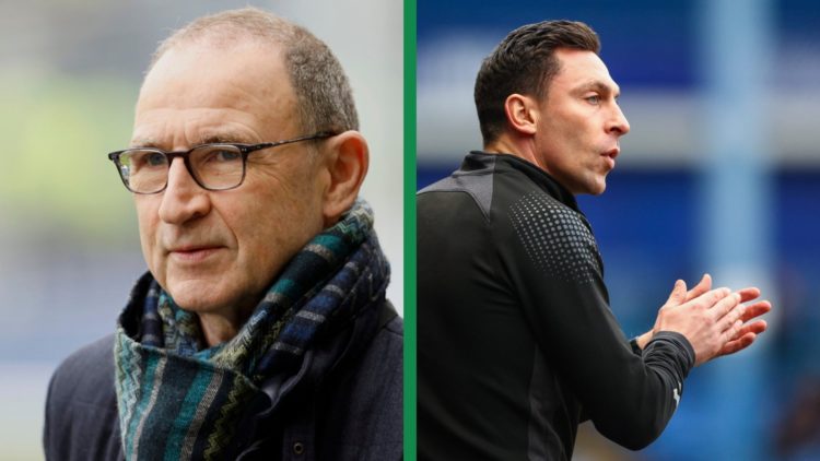 A split image of Martin O'Neill in attendance for the Scottish Cup semi-final between Celtic and Rangers, including Scott Brown as the manager of F...