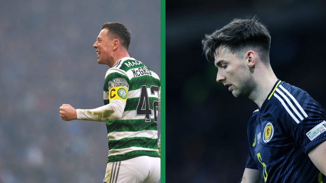 A split image of Callum McGregror in action for Celtic against Rangers, and Kieran Tierney on Scotland duty.