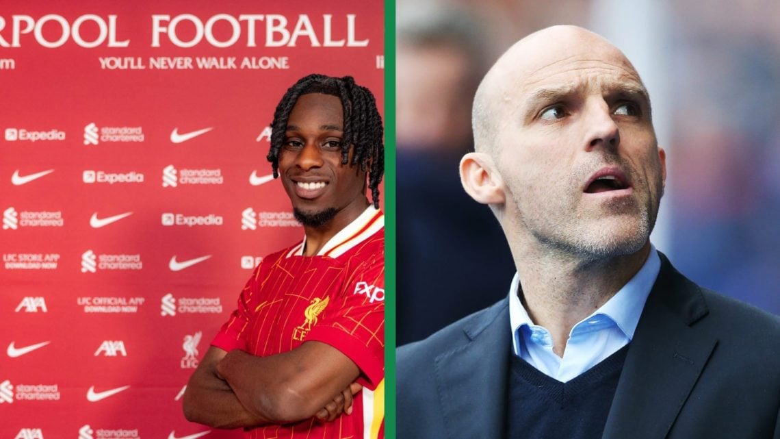 Former Celtic player Jeremie Frimpong posing as a new Liverpool player, and Alex Rae looking on inside Ibrox for Rangers vs St Mirren.