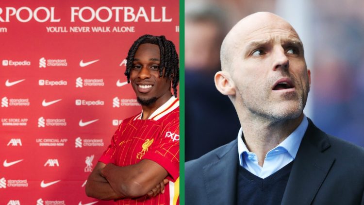 Former Celtic player Jeremie Frimpong posing as a new Liverpool player, and Alex Rae looking on inside Ibrox for Rangers vs St Mirren.