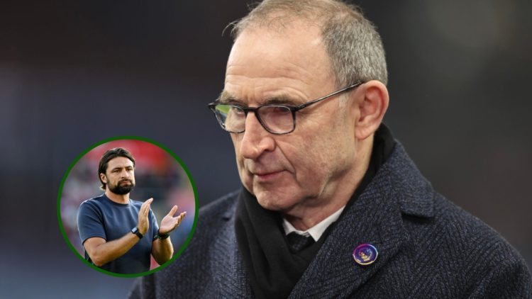 Image of Celtic legend Martin O'Neill looking down on Rangers manager Russell Martin.