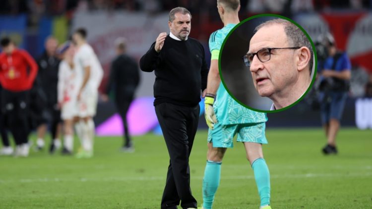 Celtic hero Joe Hart embracing Ange Postecoglou after winning the Scottish Premiership title with an overlay of Celtic legend Martin O'Neill lookin...