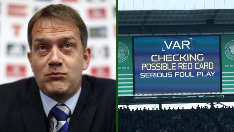 Split image of SFA chief executive Ian Maxwell and the VAR screen at Celtic Park.