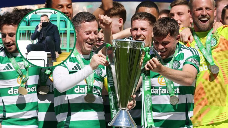 Callum McGregor and James Forrest lift the Scottish Premiership trophy, inset of Kris Boyd on the phone during Celtic vs Rangers