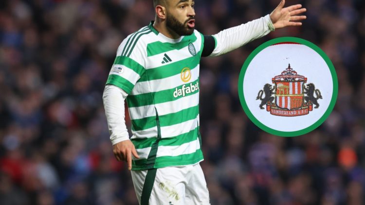 Cameron Carter-Vickers in action for Celtic against Rangers, including an inset of the Sunderland badge.