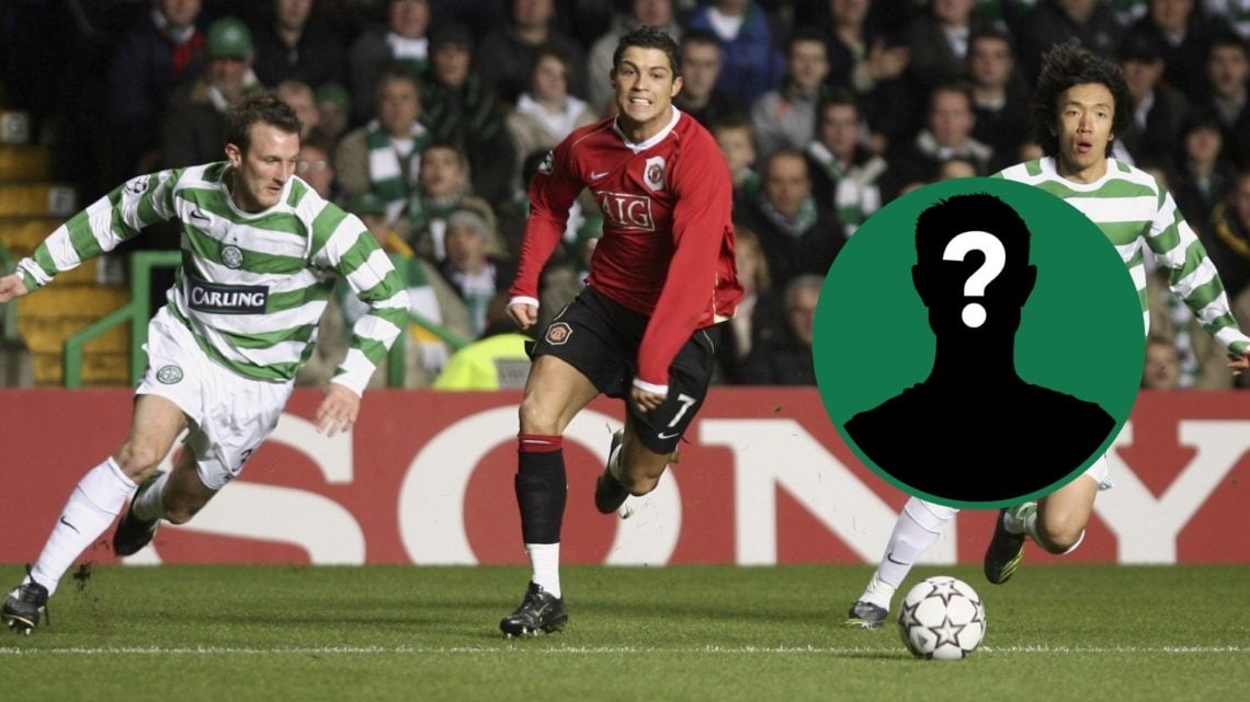 Cristiano Ronaldo in action for Manchester United against Celtic during a Champions League fixture, an inset of a mystery man