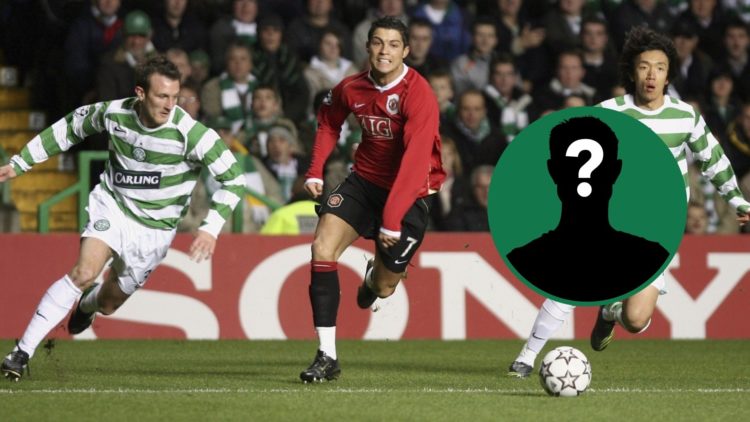 Cristiano Ronaldo in action for Manchester United against Celtic during a Champions League fixture, an inset of a mystery man