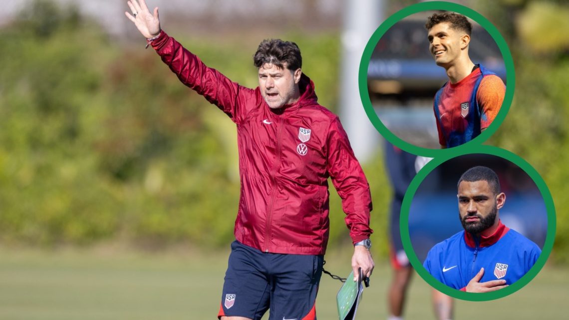 Mauricio Pochettino in training for the USMNT, including insets of AC Milan star Christian Pulisic and Celtic defender Cameron Carter-Vickers.