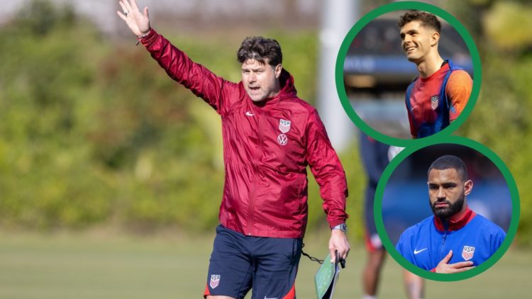 Mauricio Pochettino in training for the USMNT, including insets of AC Milan star Christian Pulisic and Celtic defender Cameron Carter-Vickers.
