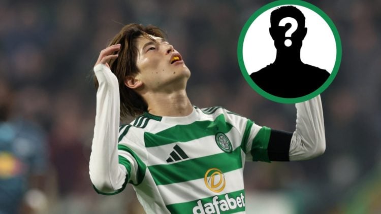 Kyogo Furuhashi looks towards the skies for Celtic against RB Leipzig in the Champions League, including an inset of a mystery player.