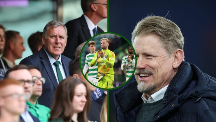 Split image of Peter Schmeichel on punditry duty for Celtic in the Champions League and Celtic legend Pat Bonner in the Celtic Park stands with an ...