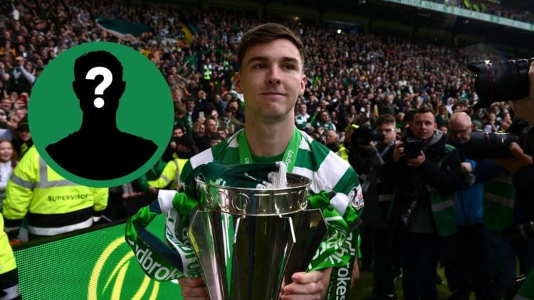 Kieran Tierney posing with the Premiership trophy in front of the Celtic fans, including an inset of a mystery player.