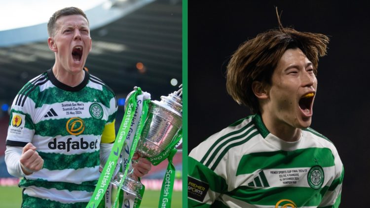 A split image of Callum McGregor celebrating Celtic's Scottish Cup win over Rangers, and Kyogo Furuhashi celebrating in the League Cup final.