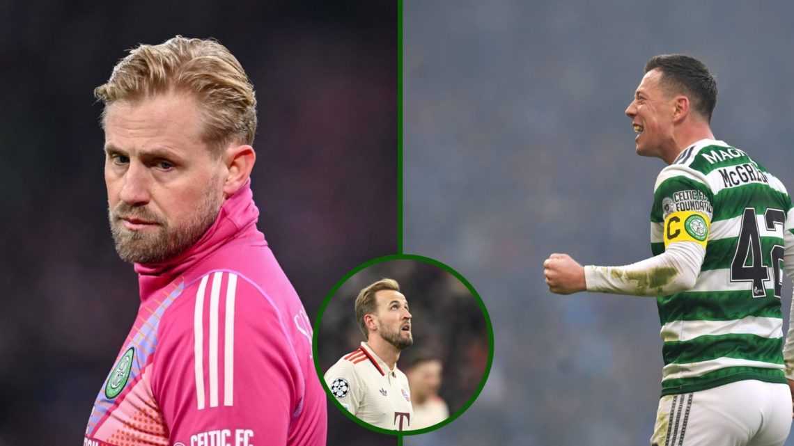 Split image of Callum McGregor and Kasper Schmeichel in action for Celtic vs Bayern Munich in the Champions League with an overlay of Bayern Munich...