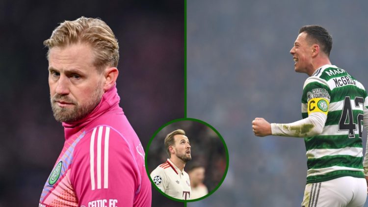 Split image of Callum McGregor and Kasper Schmeichel in action for Celtic vs Bayern Munich in the Champions League with an overlay of Bayern Munich...