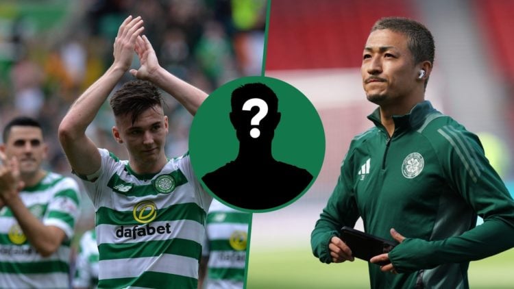 Kieran Tierney celebrates Celtic's win against Rangers, an inset of a mystery man, Daizen Maeda arrives for the Scottish Cup semi-final
