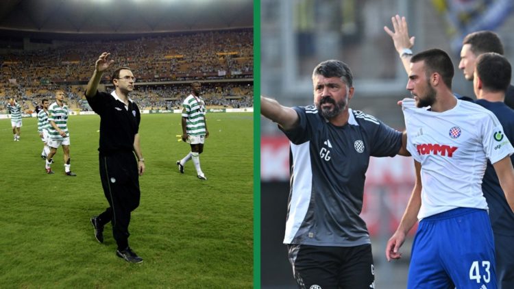 A split image of a dejected Martin O'Neill as the Celtic manager, and Gennaro Gattuso. in charge of Hajduk Split.