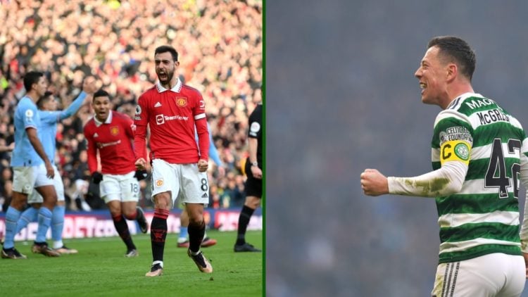Split image of Celtic captain Callum McGregor vs Rangers and Man United captain Bruno Fernandes in action vs Man City.