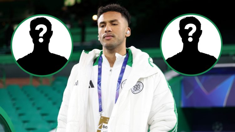 Celtic's Auston Trusty before playing Bayern Munich at Celtic Park with two mystery overlays left and right of him